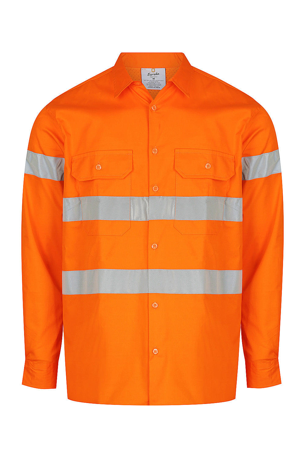 Men’s hi‑vis lightweight ripstop cotton shirt in orange with reflective tape, vented underarms/back, extended sun‑protection collar and modern tapered fit