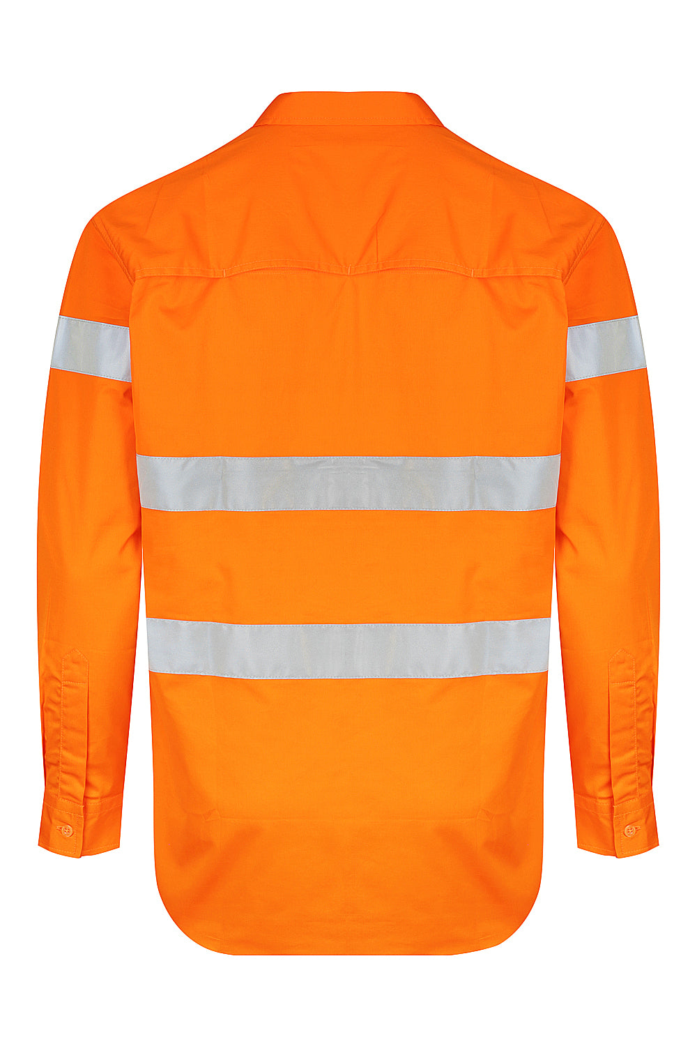 Men’s hi‑vis lightweight ripstop cotton shirt in orange with reflective tape, vented underarms/back, extended sun‑protection collar and modern tapered fit