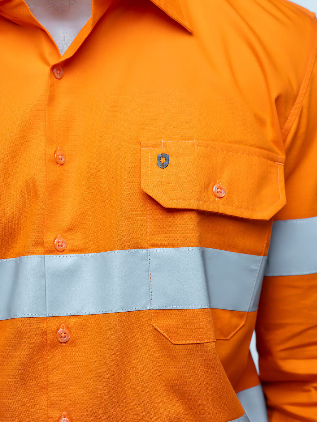 Men’s hi‑vis lightweight ripstop cotton shirt in orange with reflective tape, vented underarms/back, extended sun‑protection collar and modern tapered fit