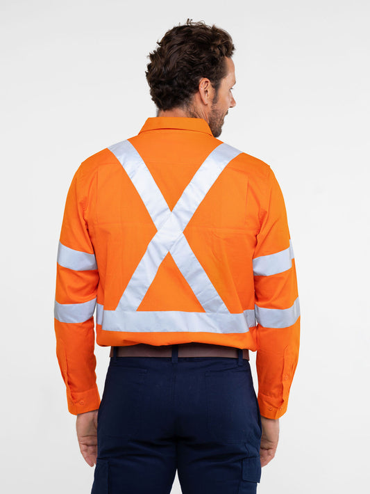 Men’s hi‑vis lightweight 150 gsm cotton ripstop long‑sleeve shirt with X‑back and bio‑motion reflective tape, extended sun‑protection collar and modern fit