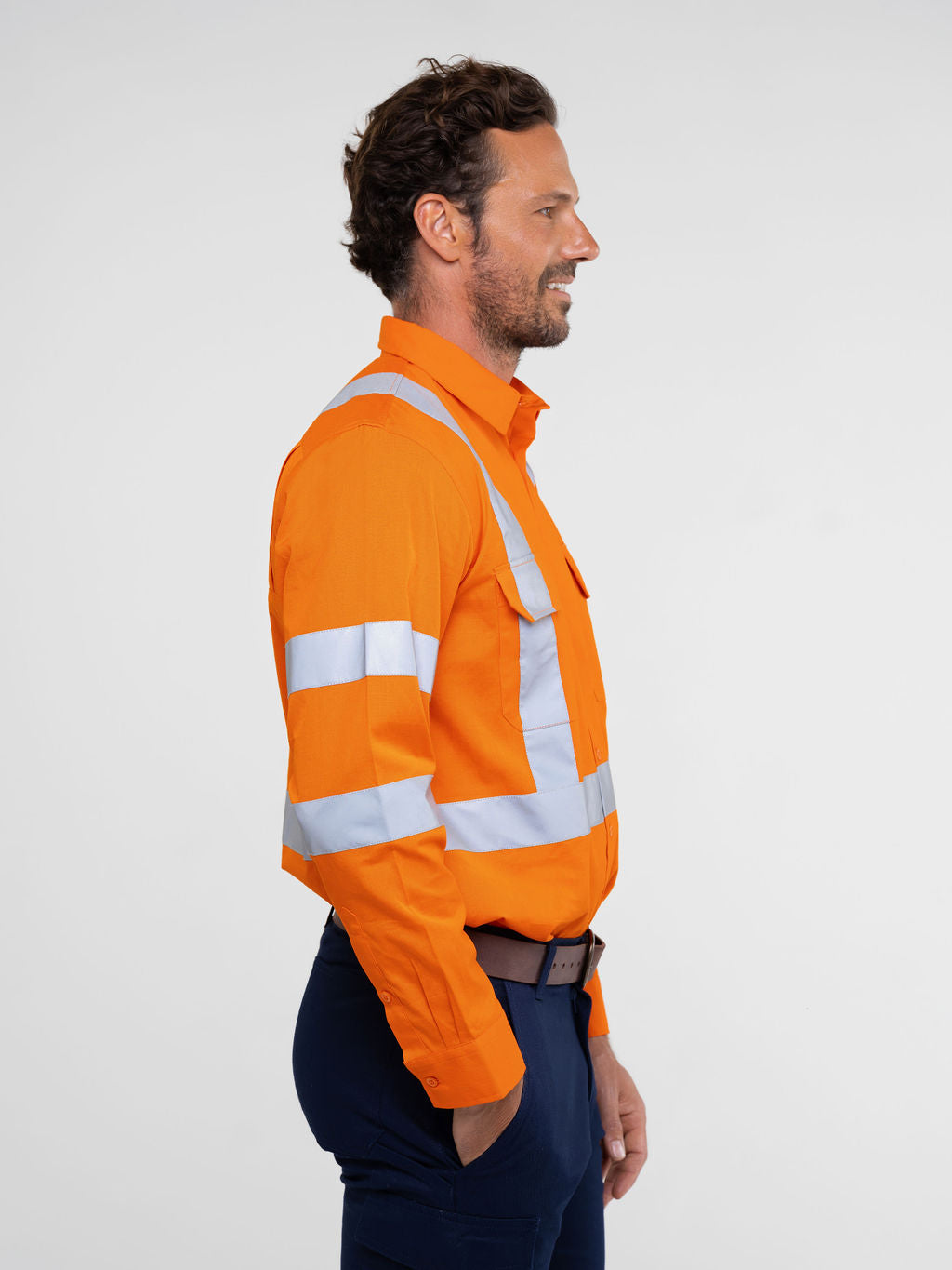 Men’s hi‑vis lightweight 150 gsm cotton ripstop long‑sleeve shirt with X‑back and bio‑motion reflective tape, extended sun‑protection collar and modern fit