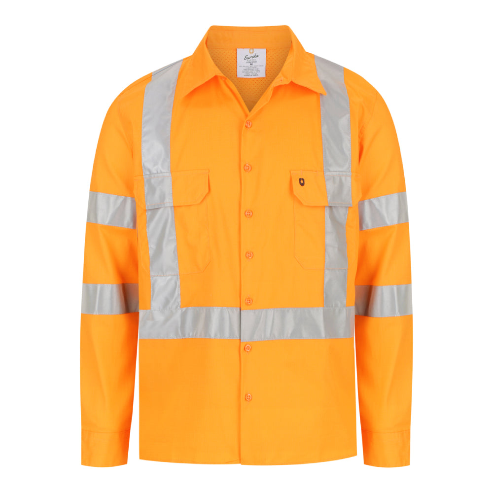 Men’s hi‑vis lightweight 150 gsm cotton ripstop long‑sleeve shirt with X‑back and bio‑motion reflective tape, extended sun‑protection collar and modern fit