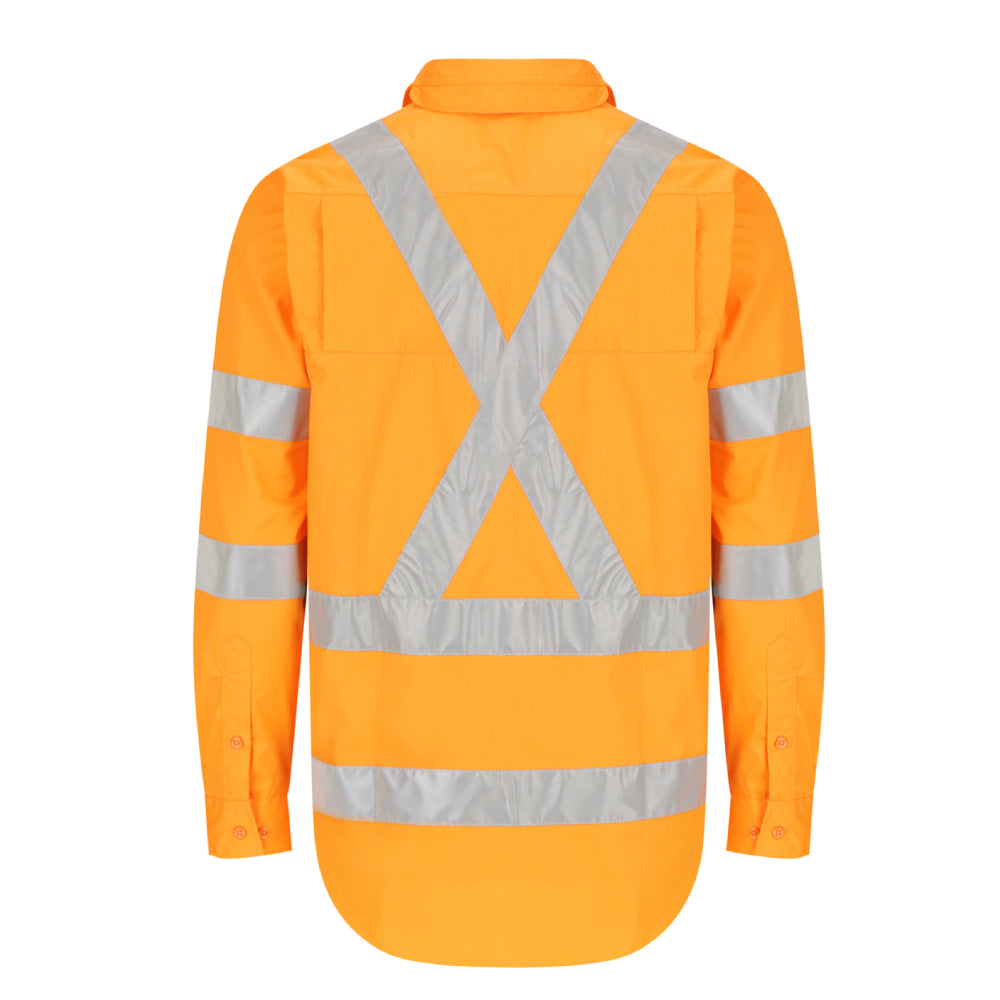 Men’s hi‑vis lightweight 150 gsm cotton ripstop long‑sleeve shirt with X‑back and bio‑motion reflective tape, extended sun‑protection collar and modern fit