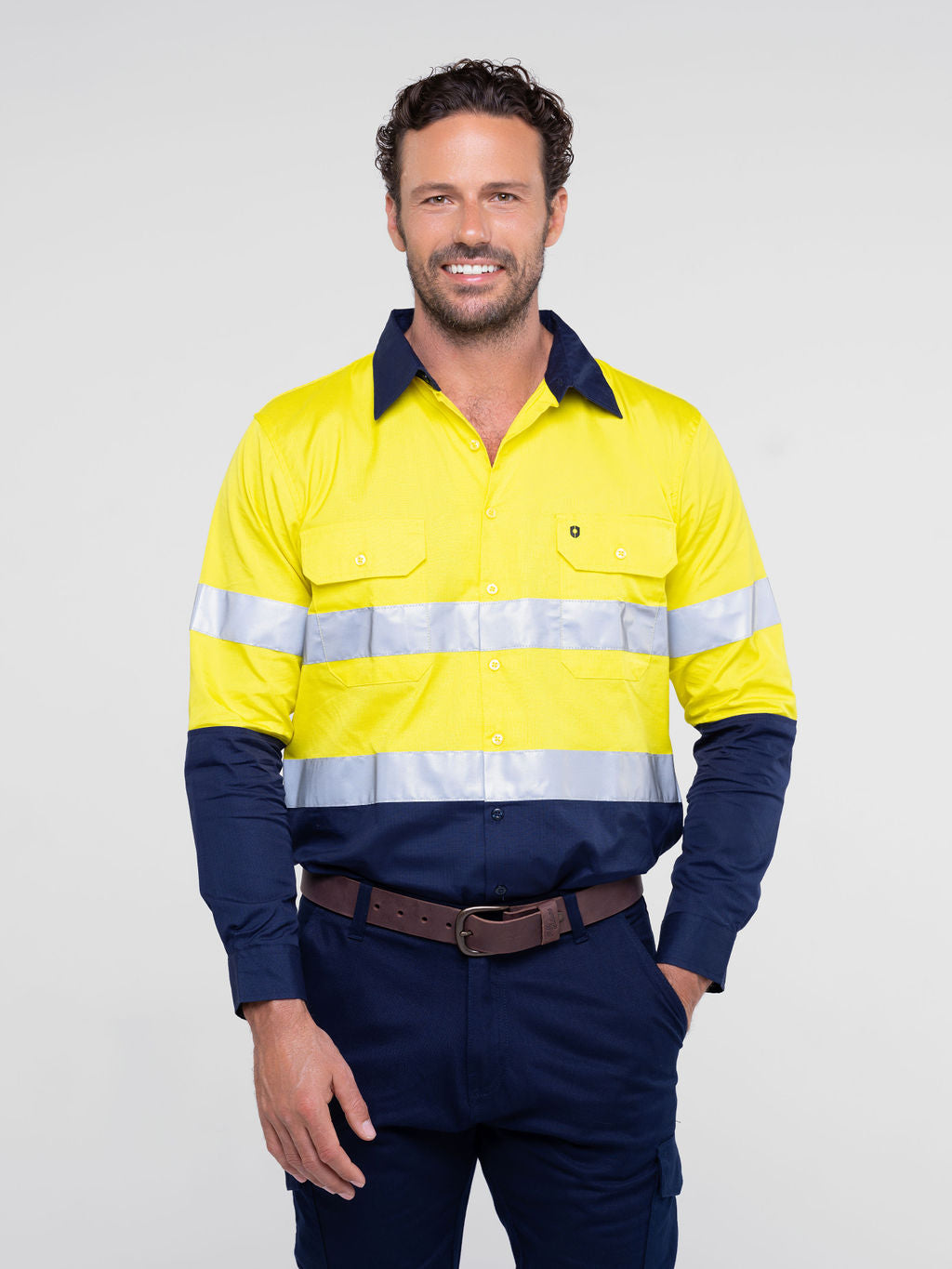 Men’s hi‑vis lightweight ripstop cotton shirt in yellow/navy with reflective tape, underarm/back vents, extended sun‑protection collar and modern tapered fit