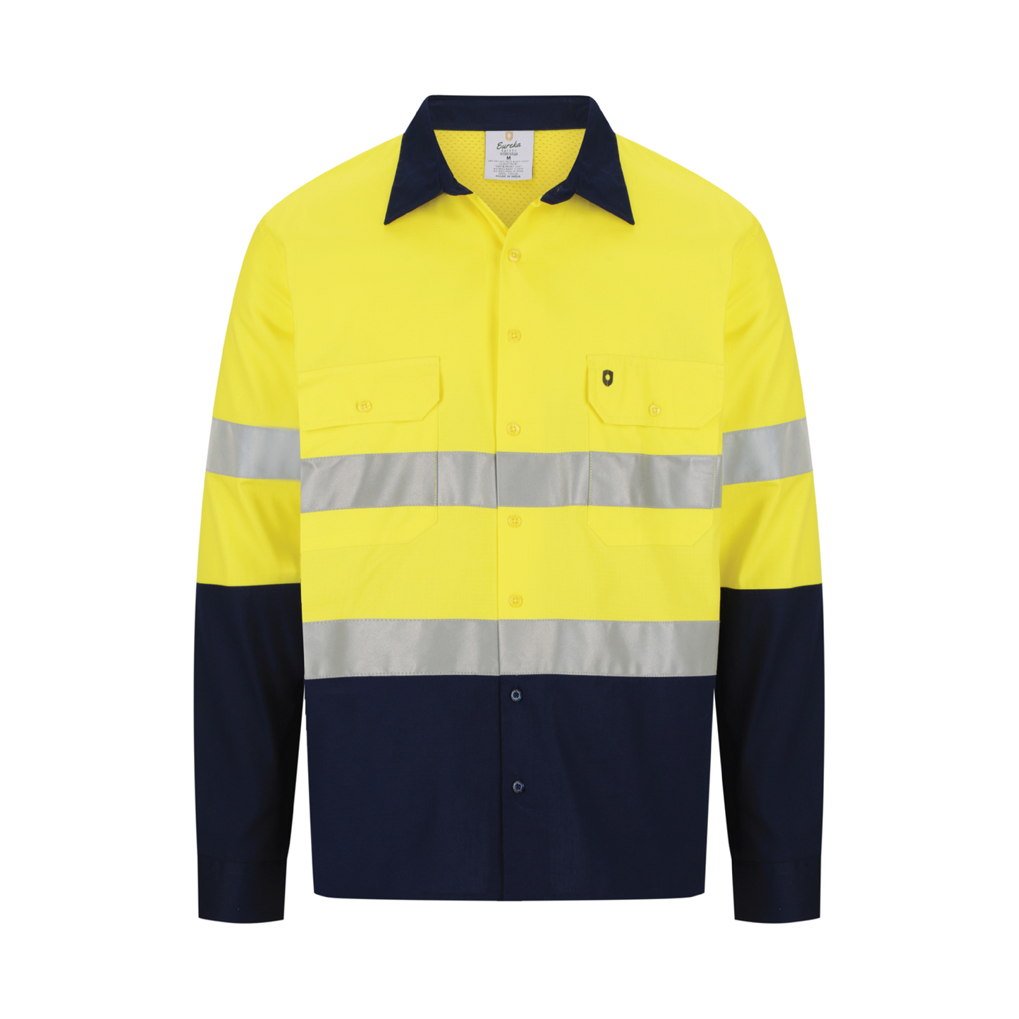 Men’s hi‑vis lightweight ripstop cotton shirt in yellow/navy with reflective tape, underarm/back vents, extended sun‑protection collar and modern tapered fit
