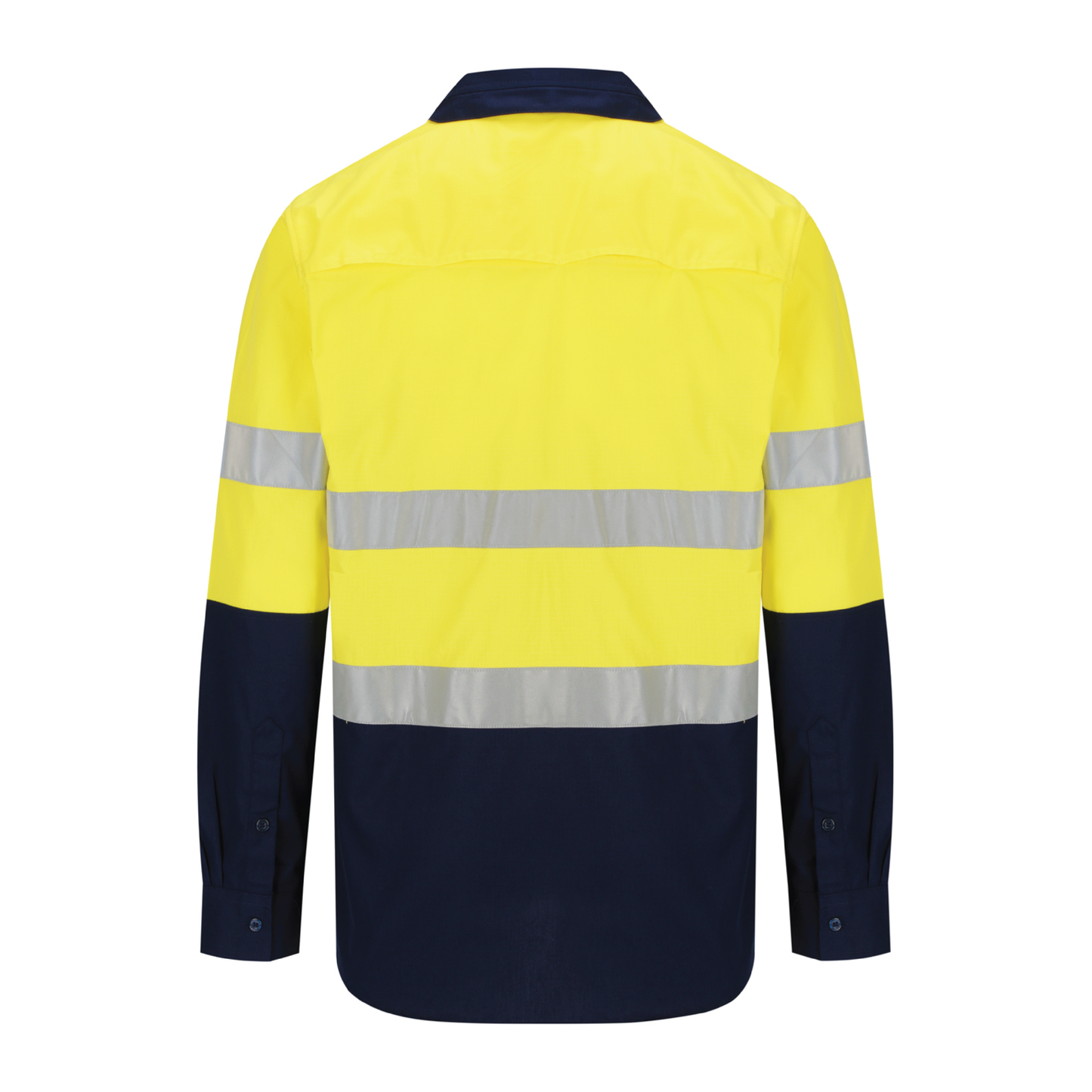 Men’s hi‑vis lightweight ripstop cotton shirt in yellow/navy with reflective tape, underarm/back vents, extended sun‑protection collar and modern tapered fit