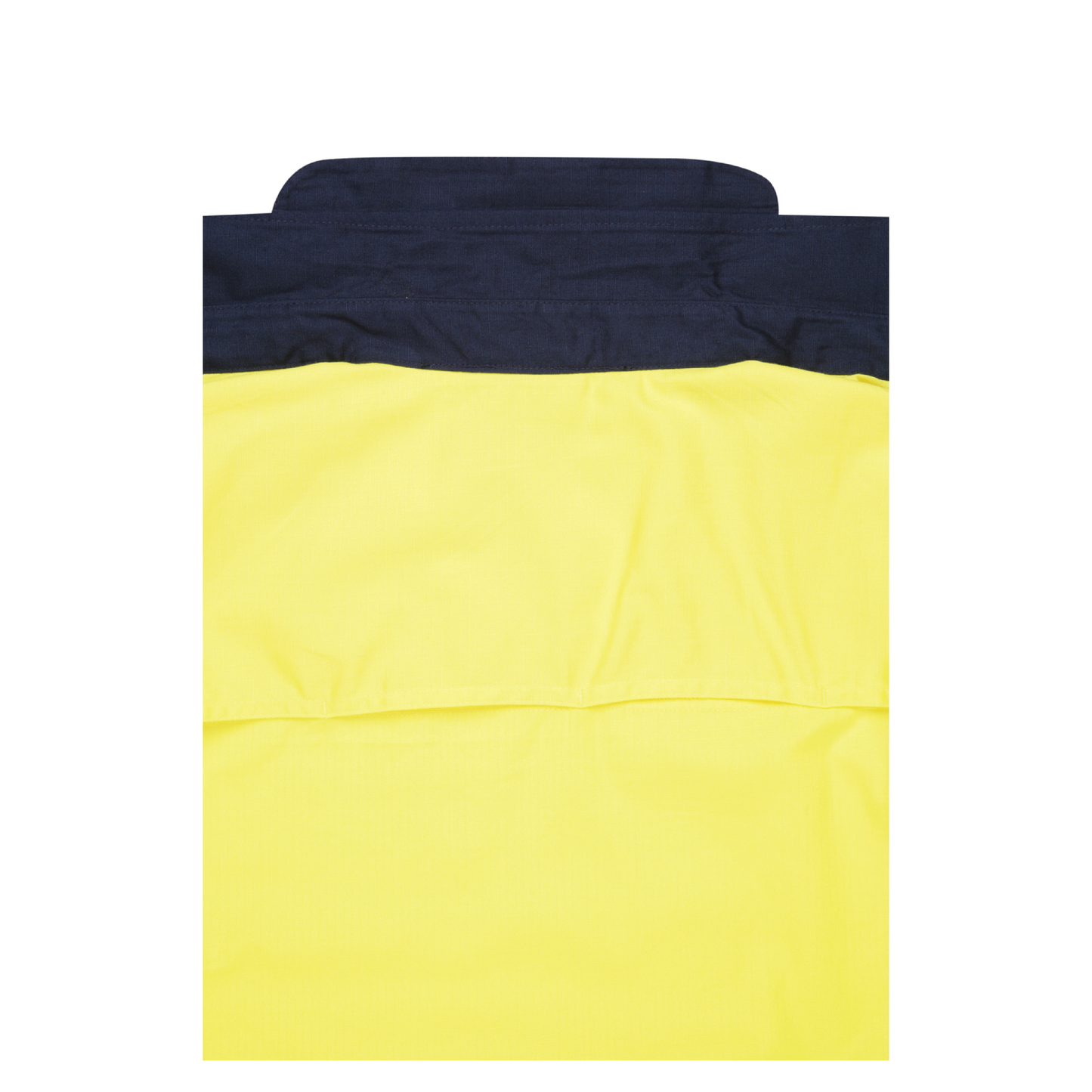 Men’s hi‑vis lightweight ripstop cotton shirt in yellow/navy with reflective tape, underarm/back vents, extended sun‑protection collar and modern tapered fit
