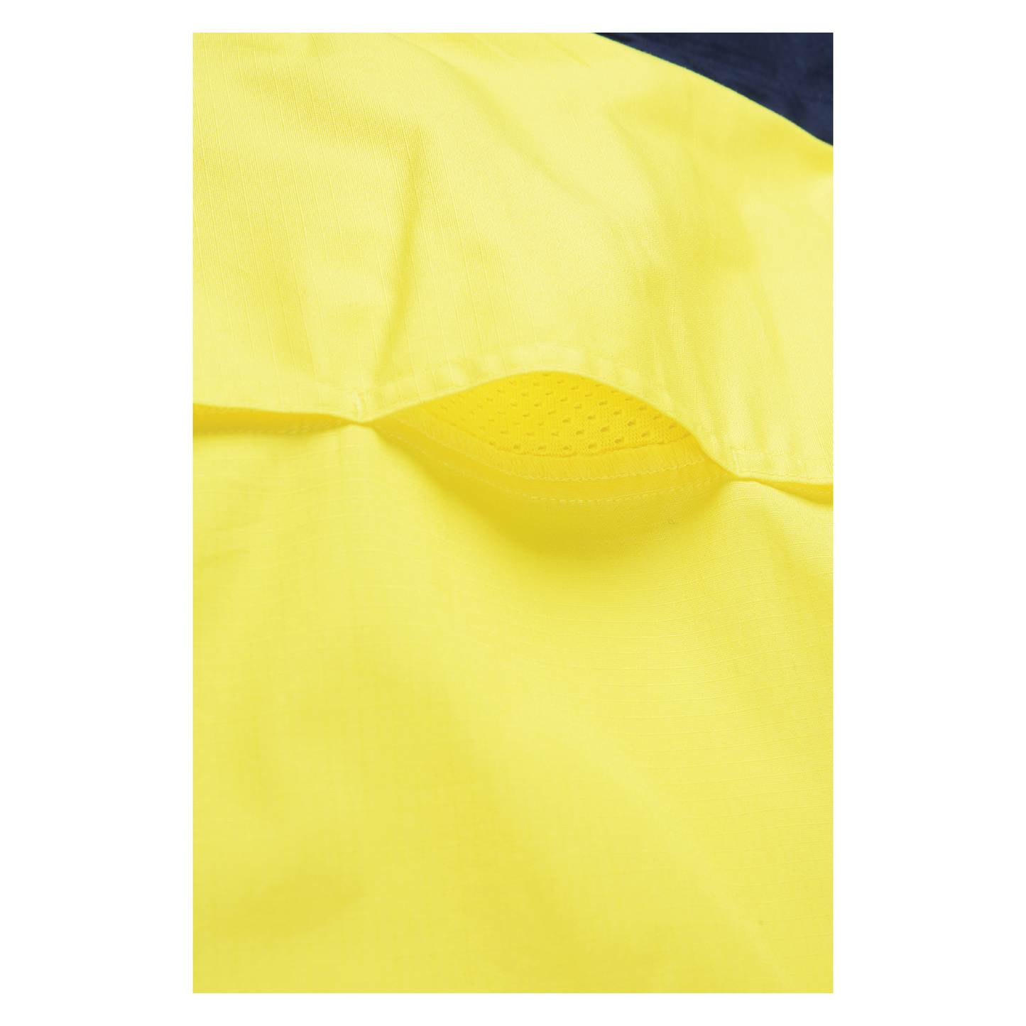Men’s hi‑vis lightweight ripstop cotton shirt in yellow/navy with reflective tape, underarm/back vents, extended sun‑protection collar and modern tapered fit