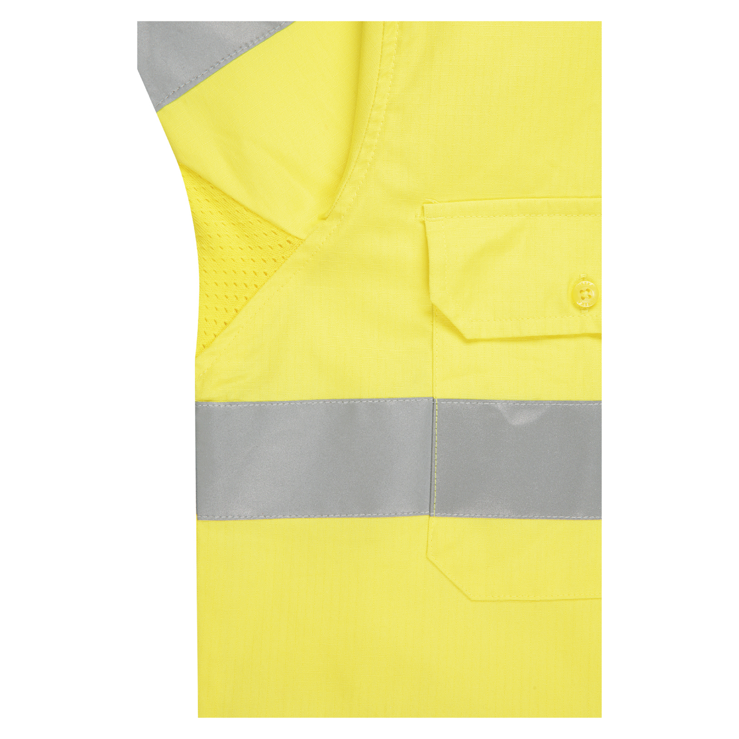 Men’s hi‑vis lightweight ripstop cotton shirt in yellow/navy with reflective tape, underarm/back vents, extended sun‑protection collar and modern tapered fit