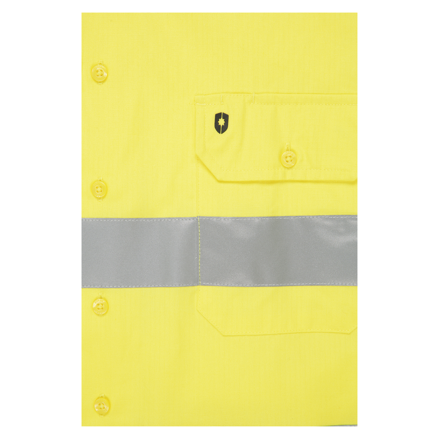 Men’s hi‑vis lightweight ripstop cotton shirt in yellow/navy with reflective tape, underarm/back vents, extended sun‑protection collar and modern tapered fit