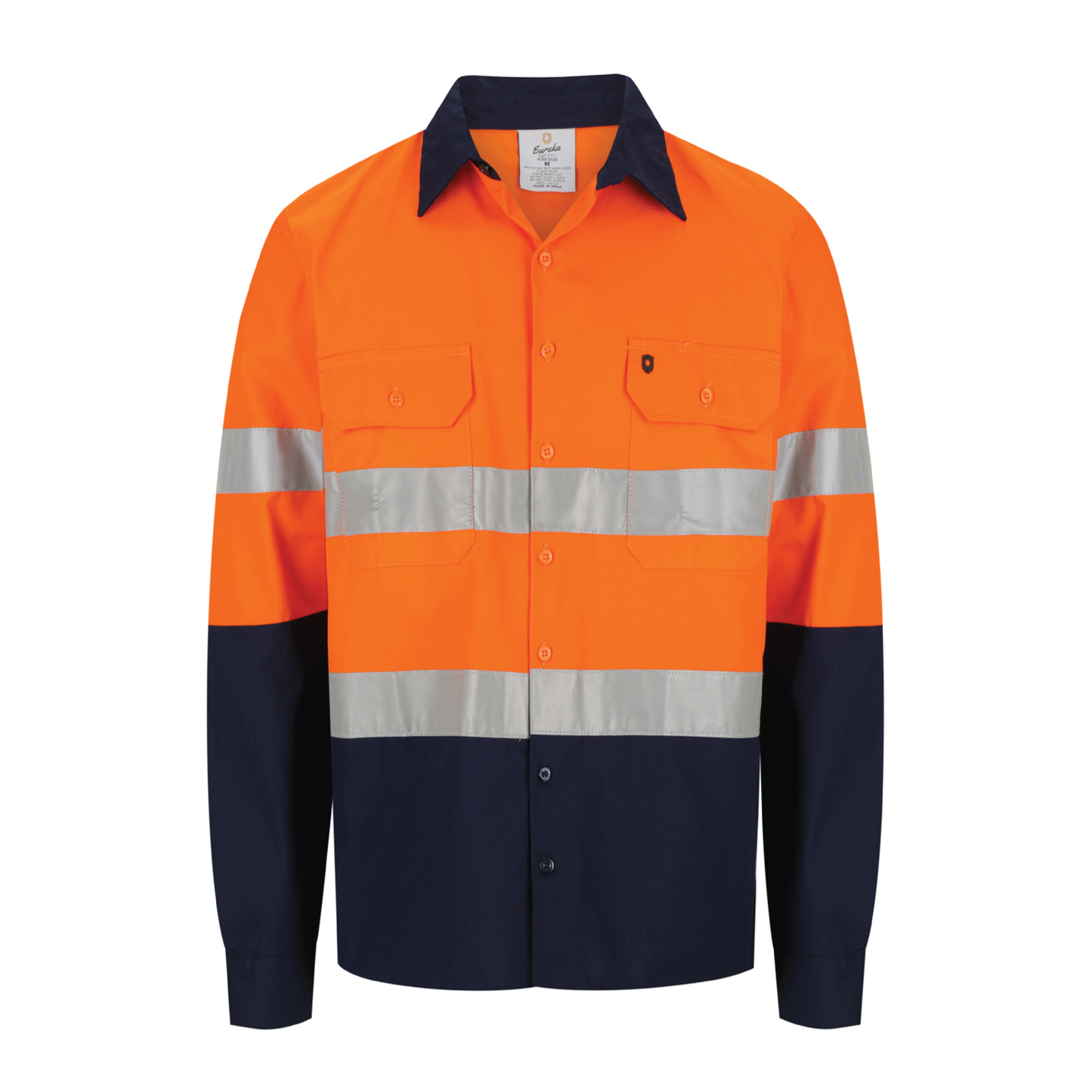 Men’s hi‑vis regular‑weight 190 gsm cotton drill long‑sleeve shirt in orange/navy with reflective tape, extended sun‑protection collar and modern tapered fit for day/night use