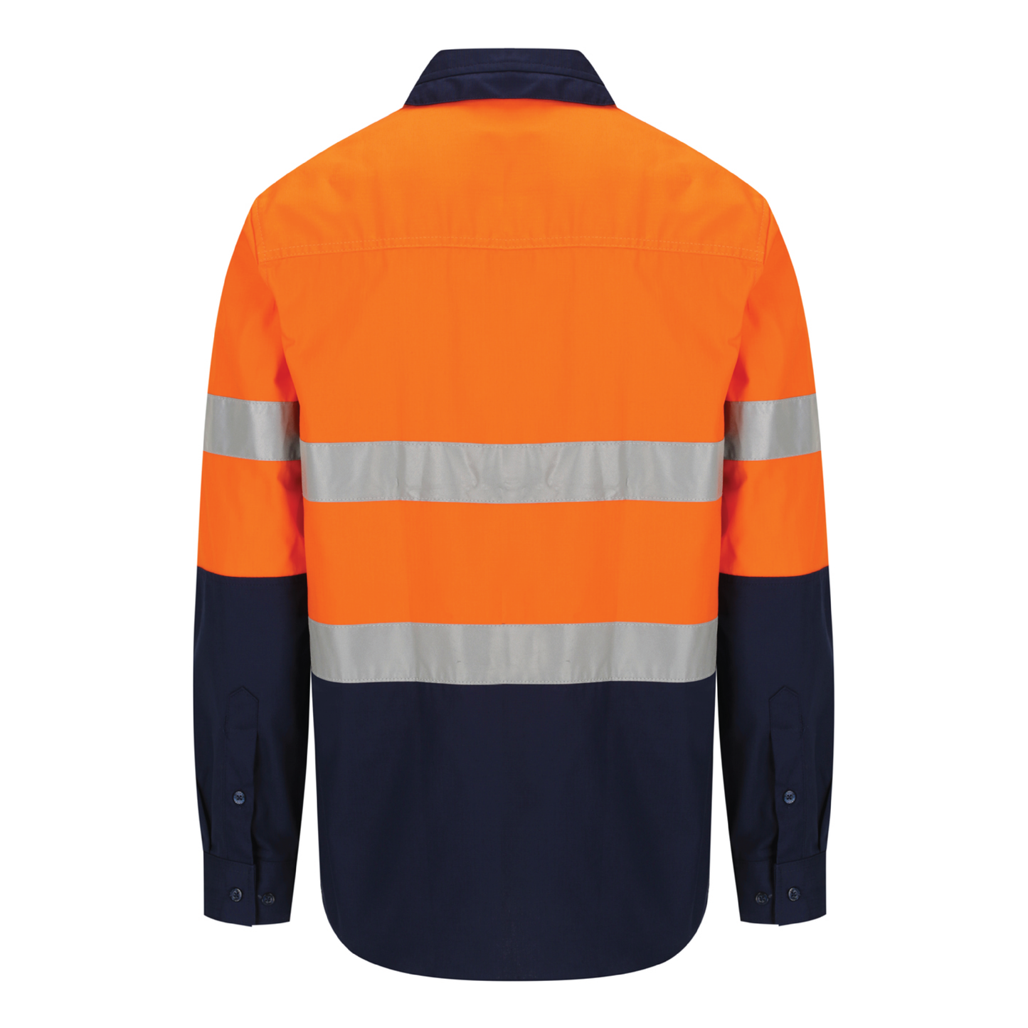 Men’s hi‑vis regular‑weight 190 gsm cotton drill long‑sleeve shirt in orange/navy with reflective tape, extended sun‑protection collar and modern tapered fit for day/night use