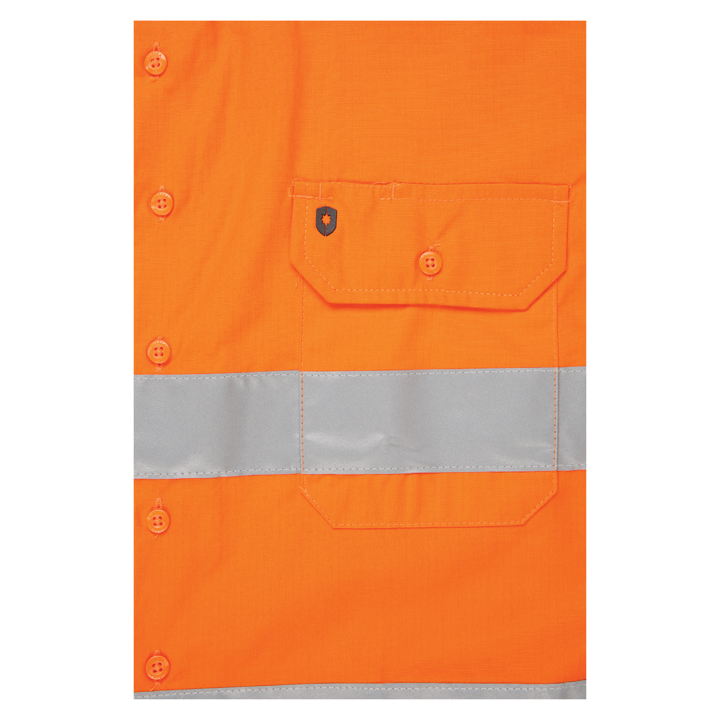 Men’s hi‑vis regular‑weight 190 gsm cotton drill long‑sleeve shirt in orange/navy with reflective tape, extended sun‑protection collar and modern tapered fit for day/night use