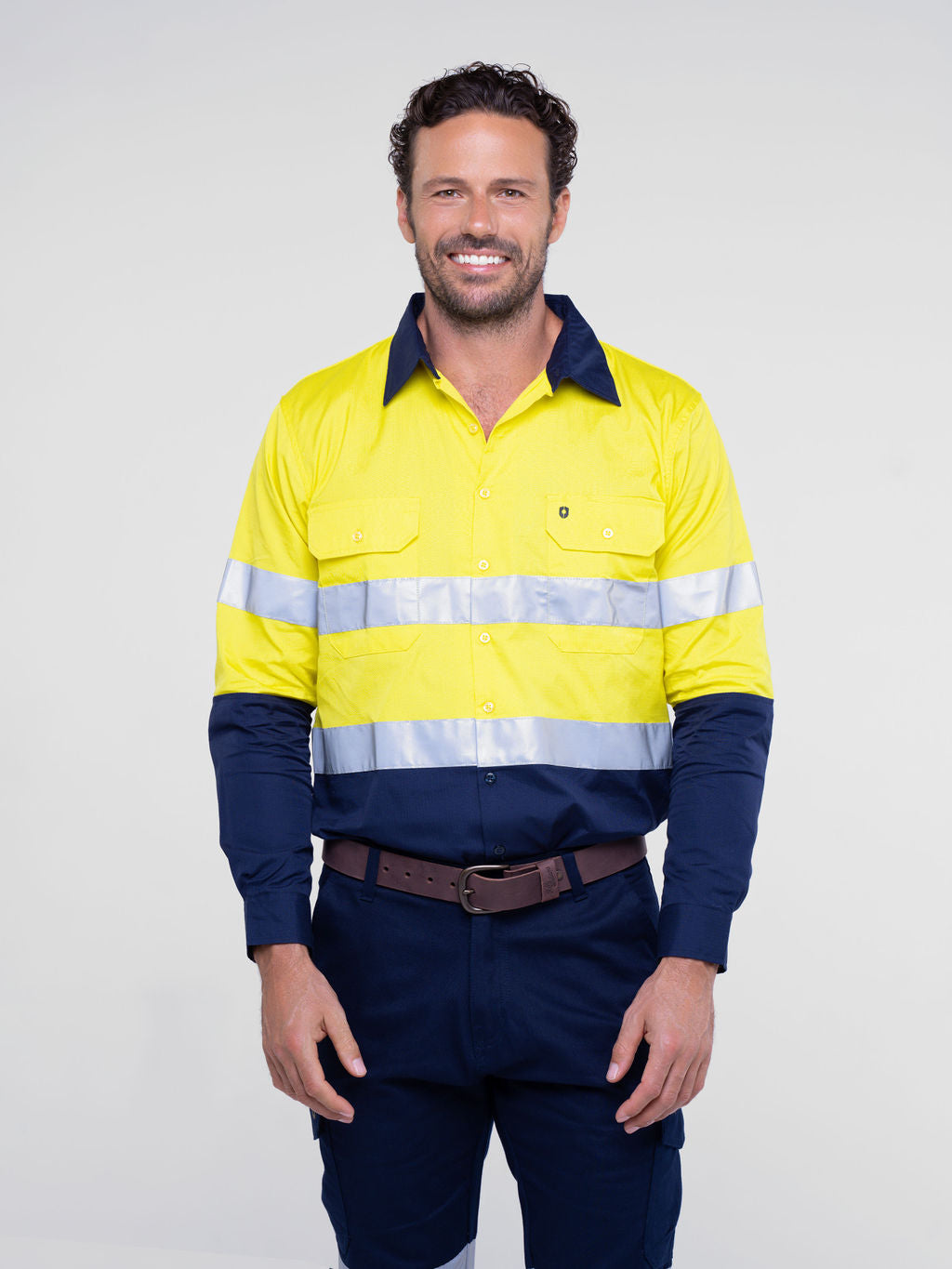 Men’s hi‑vis regular‑weight 190 gsm cotton drill long‑sleeve shirt in yellow/navy with reflective tape, extended sun‑protection collar and modern tapered fit for day/night use