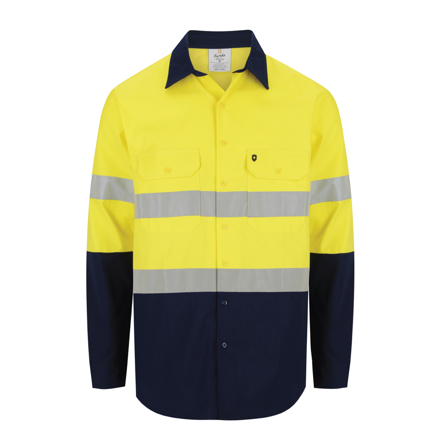 Men’s hi‑vis regular‑weight 190 gsm cotton drill long‑sleeve shirt in yellow/navy with reflective tape, extended sun‑protection collar and modern tapered fit for day/night use