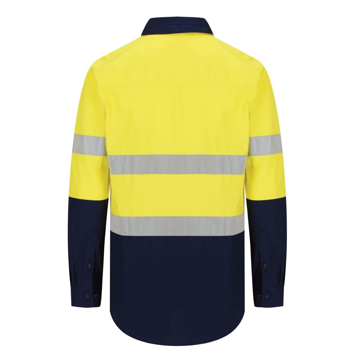 Men’s hi‑vis regular‑weight 190 gsm cotton drill long‑sleeve shirt in yellow/navy with reflective tape, extended sun‑protection collar and modern tapered fit for day/night use