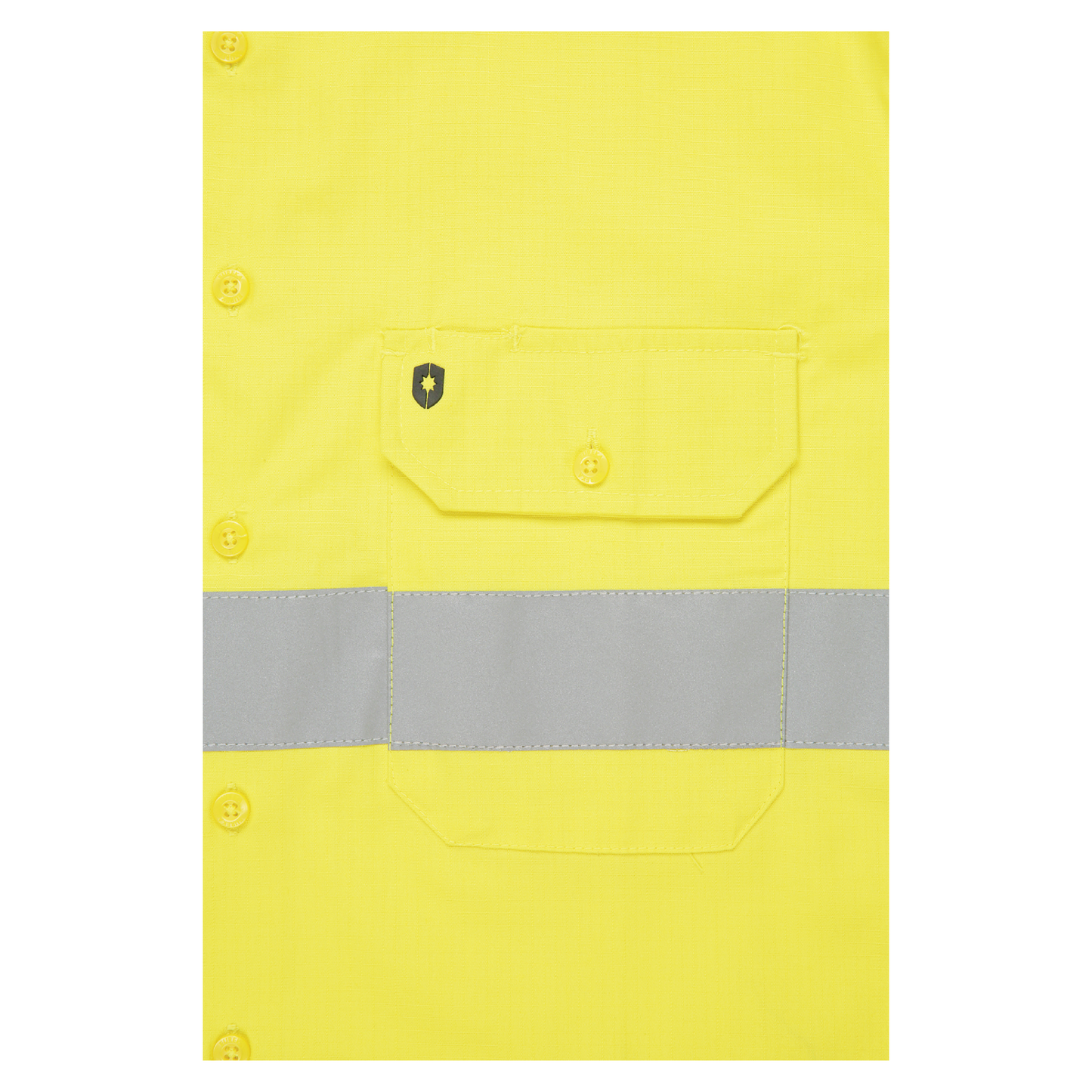 Men’s hi‑vis regular‑weight 190 gsm cotton drill long‑sleeve shirt in yellow/navy with reflective tape, extended sun‑protection collar and modern tapered fit for day/night use