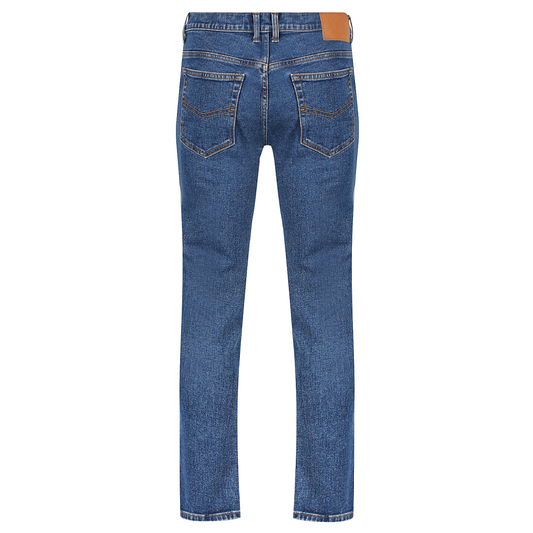 Men’s stretch denim jeans in a 13.75‑oz cotton/spandex blend with golden brass zipper, four‑pocket design and modern tapered fit