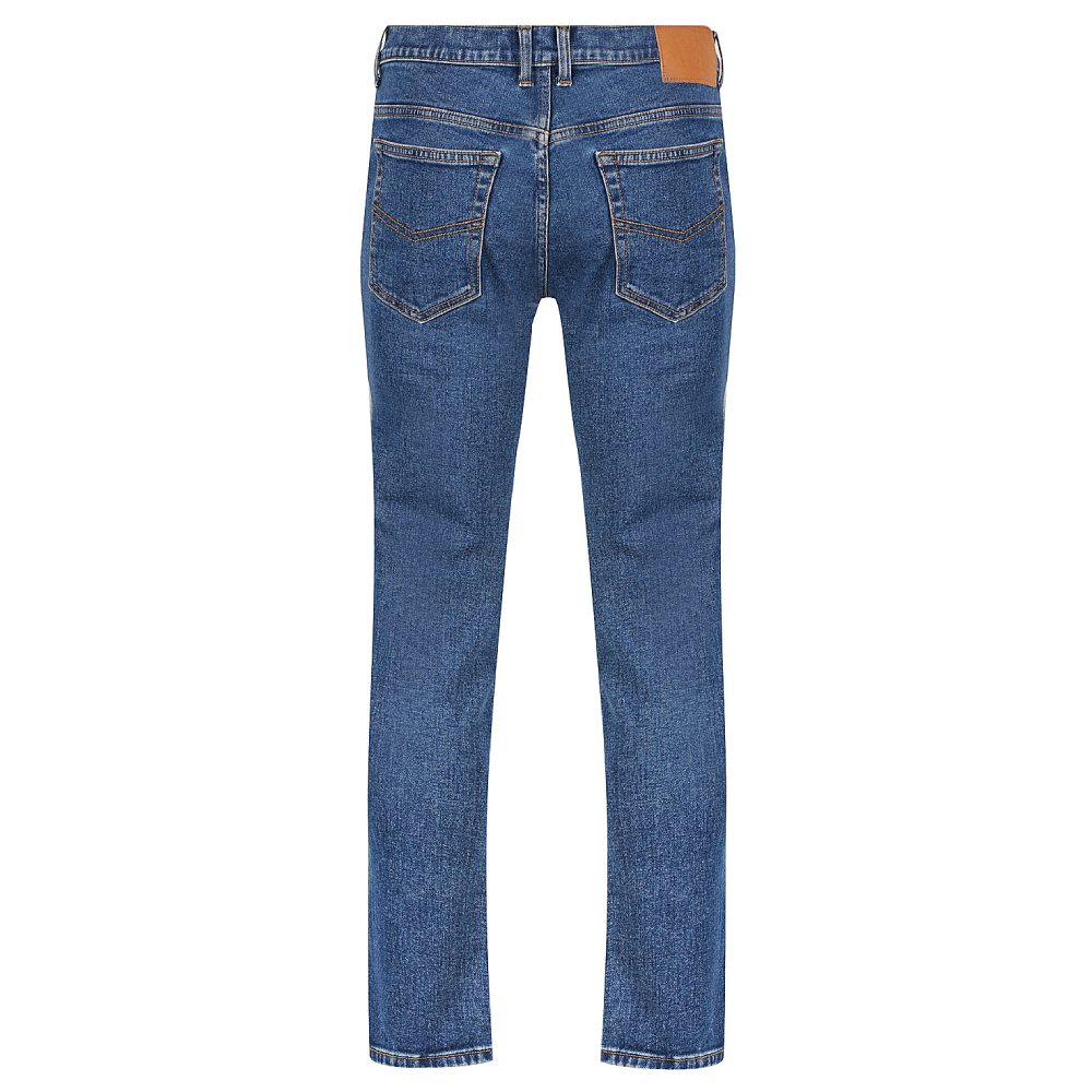 Men’s stretch denim jeans in a 13.75‑oz cotton/spandex blend with golden brass zipper, four‑pocket design and modern tapered fit