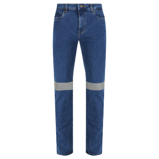 Men’s stretch denim jeans with segmented reflective tape, 13.75‑oz cotton/spandex fabric, golden brass zipper and four pockets in a modern tapered fit