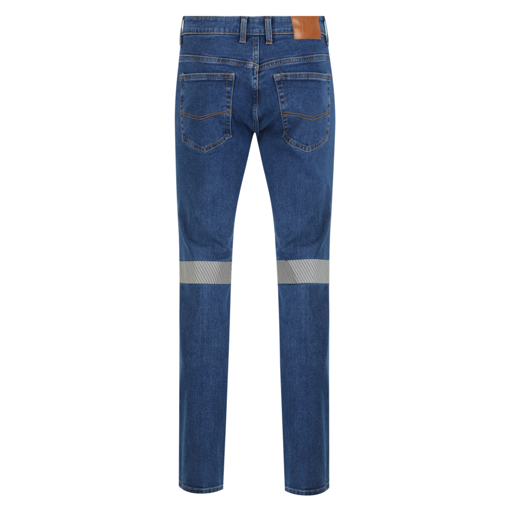 Men’s stretch denim jeans with segmented reflective tape, 13.75‑oz cotton/spandex fabric, golden brass zipper and four pockets in a modern tapered fit