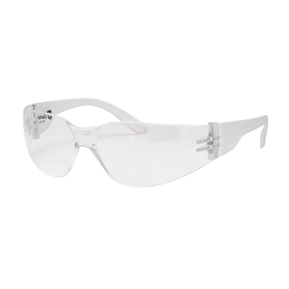 Stockade clear safety specs providing 99.9 % UV protection with anti‑fog technology, hard‑coated anti‑scratch lens, medium‑impact construction and lightweight 23 g