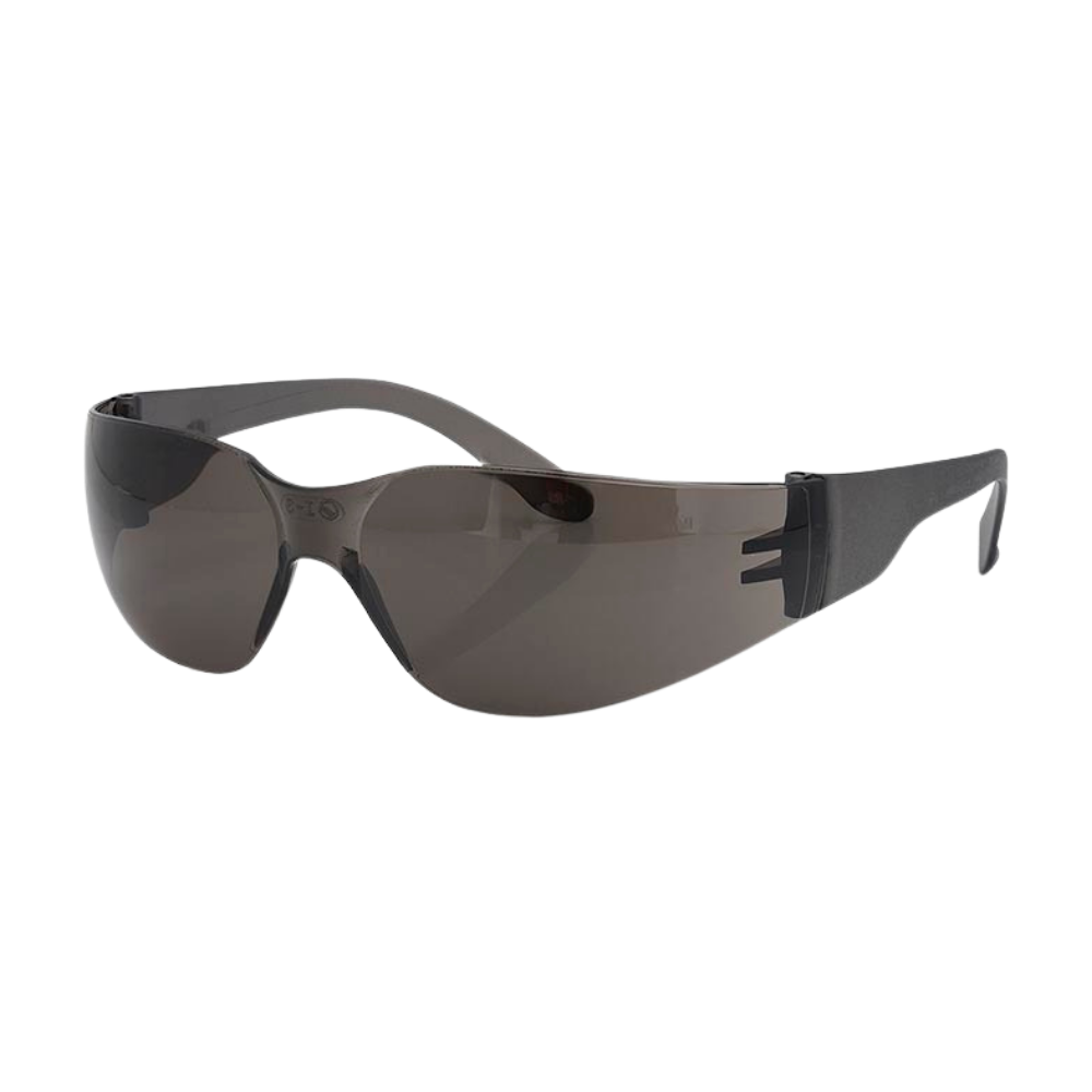 Stockade smoke safety specs with 99.9 % UV protection, anti‑fog technology, hard‑coated anti‑scratch lens, medium‑impact design and lightweight 23 g