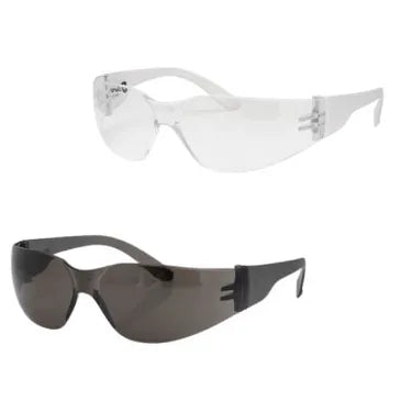 Stockade clear safety specs providing 99.9 % UV protection with anti‑fog technology, hard‑coated anti‑scratch lens, medium‑impact construction and lightweight 23 g
