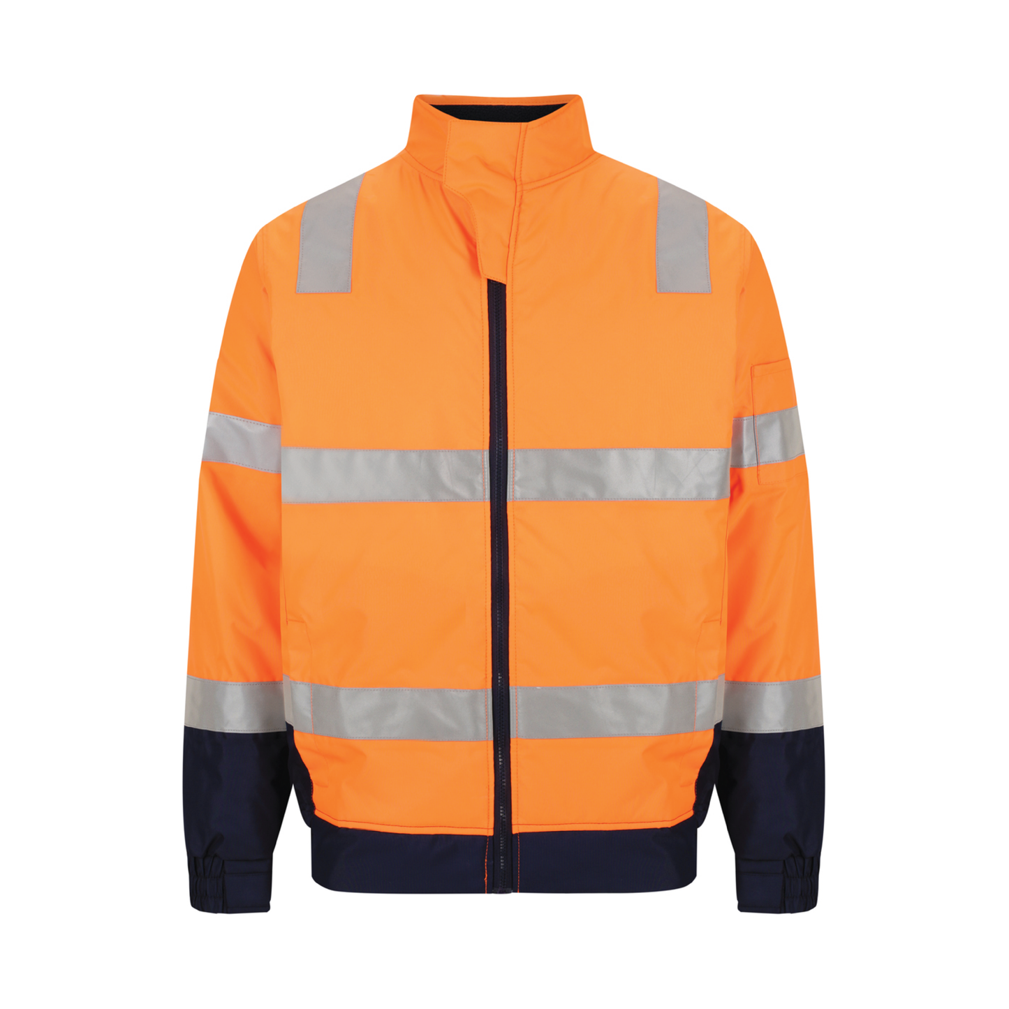 Two‑tone bomber jacket in orange/navy made from 180 gsm water‑resistant polyester Oxford with 50 mm bio‑motion reflective tape on arms; quilt lined with fleece collar; four pockets including phone pocket; fully seam‑sealed and waterproof