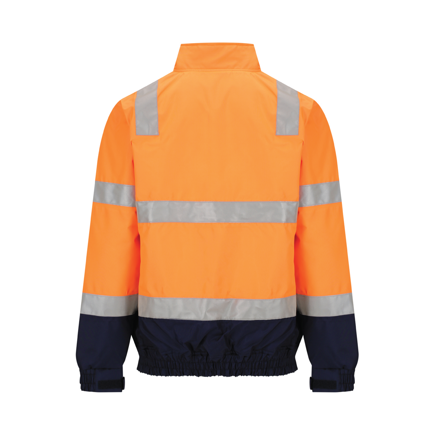 Two‑tone bomber jacket in orange/navy made from 180 gsm water‑resistant polyester Oxford with 50 mm bio‑motion reflective tape on arms; quilt lined with fleece collar; four pockets including phone pocket; fully seam‑sealed and waterproof