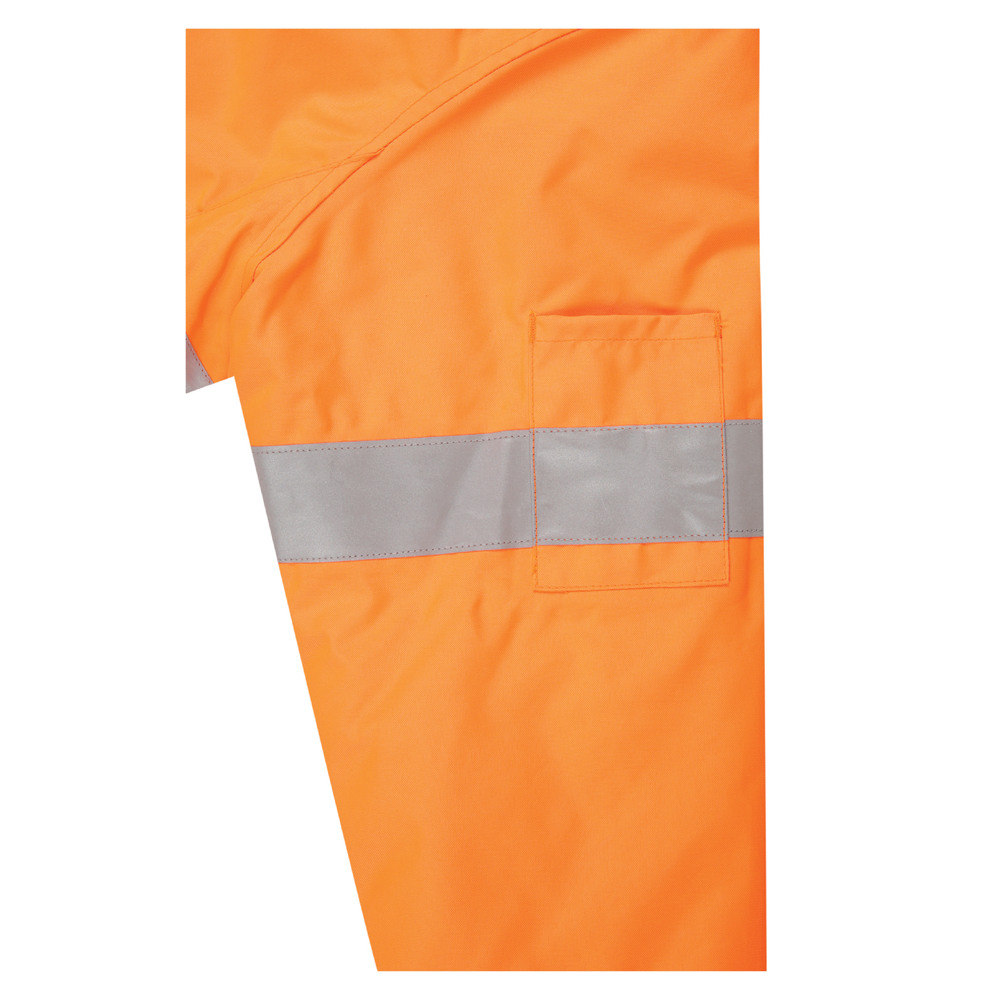 Two‑tone bomber jacket in orange/navy made from 180 gsm water‑resistant polyester Oxford with 50 mm bio‑motion reflective tape on arms; quilt lined with fleece collar; four pockets including phone pocket; fully seam‑sealed and waterproof