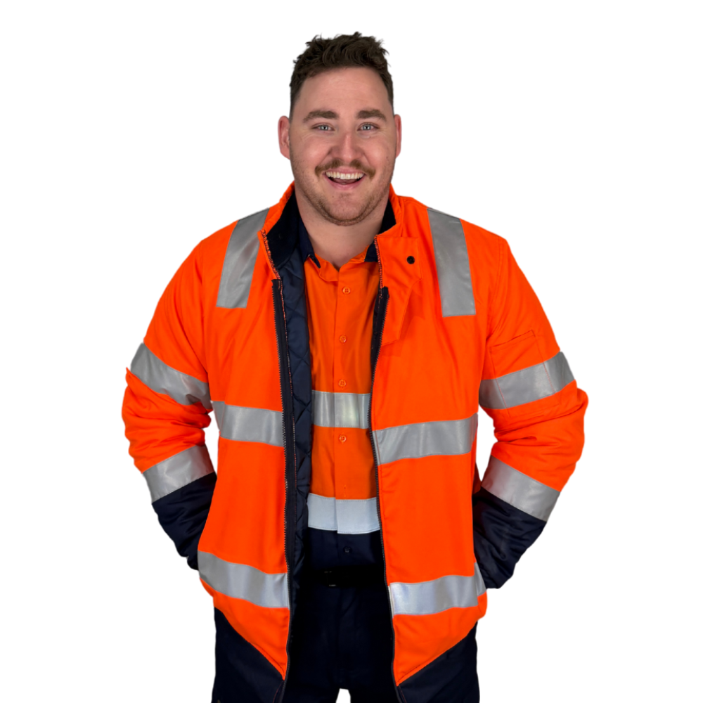 Two‑tone bomber jacket in orange/navy made from 180 gsm water‑resistant polyester Oxford with 50 mm bio‑motion reflective tape on arms; quilt lined with fleece collar; four pockets including phone pocket; fully seam‑sealed and waterproof