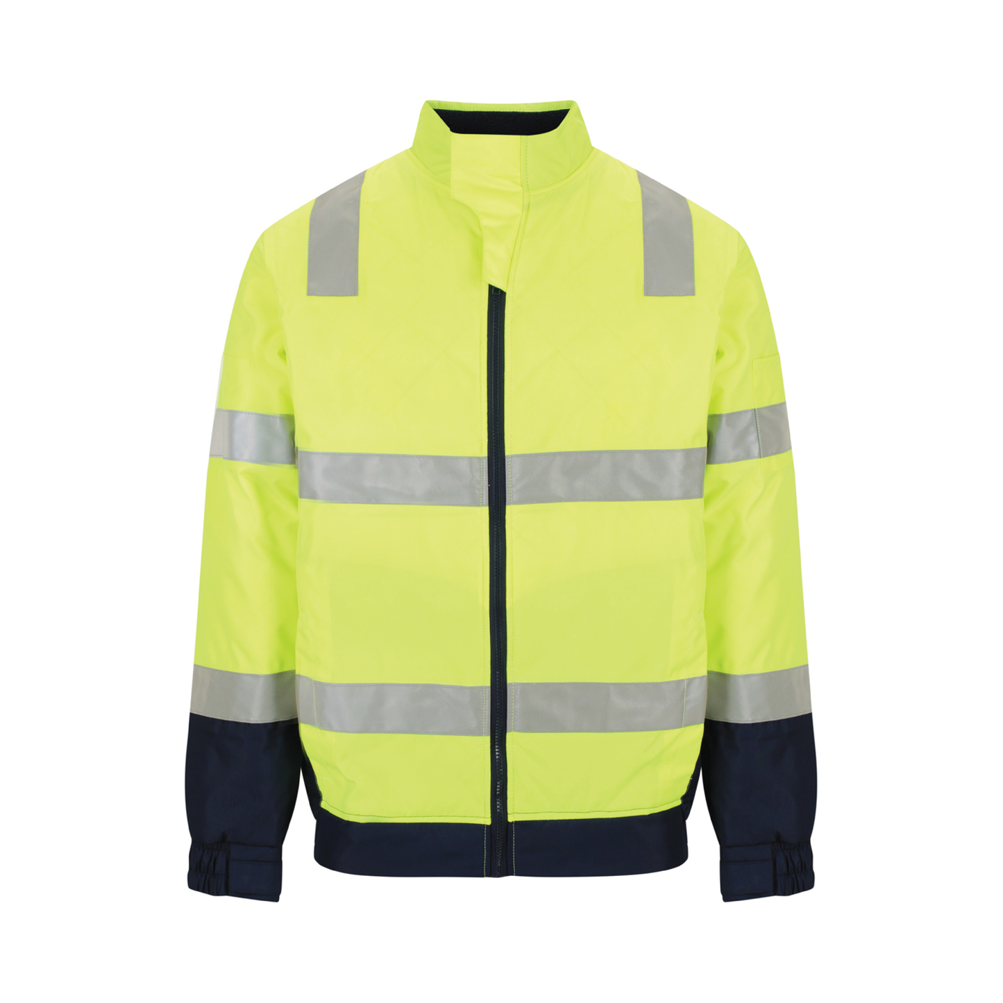 Two‑tone bomber jacket in yellow/navy constructed from 180 gsm water‑resistant polyester Oxford; bio‑motion reflective tape on arms; quilt lined with fleece collar; four pockets including phone pocket; fully seam‑sealed and waterproof