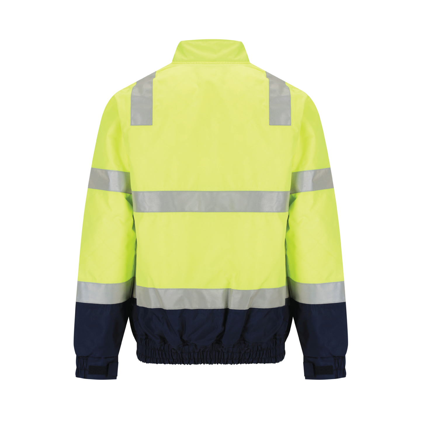 Two‑tone bomber jacket in yellow/navy constructed from 180 gsm water‑resistant polyester Oxford; bio‑motion reflective tape on arms; quilt lined with fleece collar; four pockets including phone pocket; fully seam‑sealed and waterproof