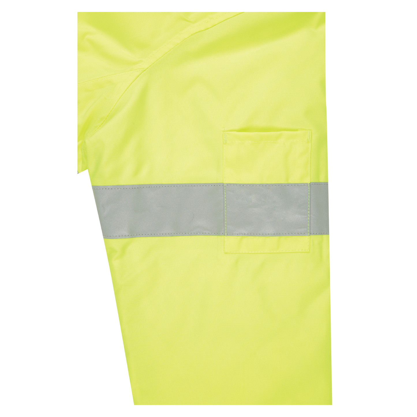 Two‑tone bomber jacket in yellow/navy constructed from 180 gsm water‑resistant polyester Oxford; bio‑motion reflective tape on arms; quilt lined with fleece collar; four pockets including phone pocket; fully seam‑sealed and waterproof