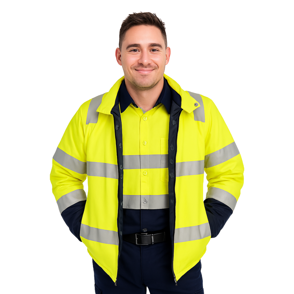Two‑tone bomber jacket in yellow/navy constructed from 180 gsm water‑resistant polyester Oxford; bio‑motion reflective tape on arms; quilt lined with fleece collar; four pockets including phone pocket; fully seam‑sealed and waterproof