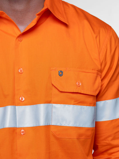 Mens Hi-Vis Regular Weight Ripstop Cotton Taped Shirt - Long Sleeve