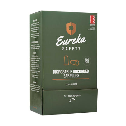 Eureka ear plugs uncorded with orange PU soft foam; bullet‑shape for snug fit; slow rebound; PVC‑free; Class 5 hearing protection; sold in box of 200 pairs
