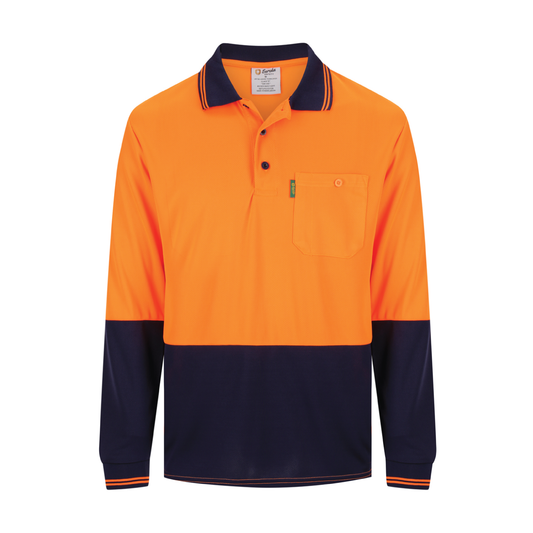 Hi‑vis polyester mesh polo long‑sleeve shirt in orange/navy; moisture‑wicking mesh; woven cuffs and collar; space for screen‑printing or embroidery; UPF 50+ day‑use