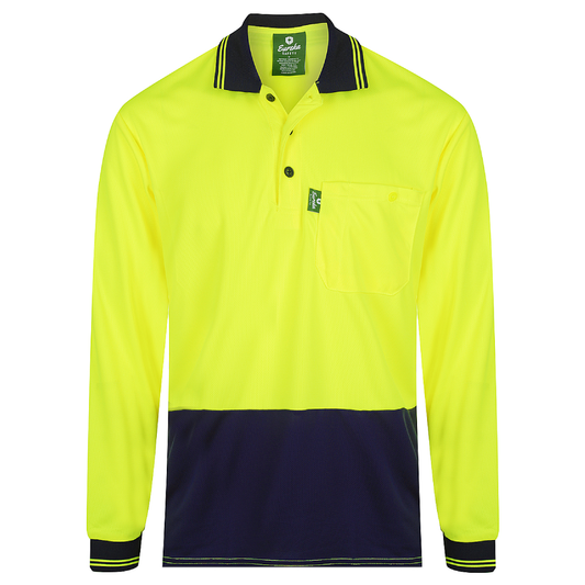 Hi‑vis polyester mesh polo long‑sleeve shirt in yellow/navy with moisture‑wicking fabric, woven cuffs and collar, large print areas and UPF 50+ sun protection