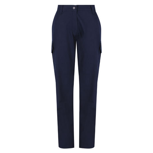 Ladies 300 gsm cotton ripstop cargo pants with Velcro‑closed cargo pockets, seven‑pocket design including ruler pocket and a women’s high‑waist/hip fit