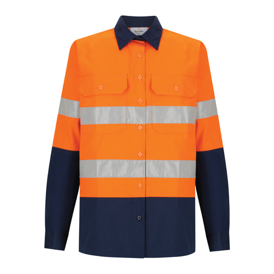Ladies hi‑vis 190 gsm cotton drill shirt in orange/navy featuring reflective tape, extended sun‑protection collar, tapered fit and nine‑button front for day & night use