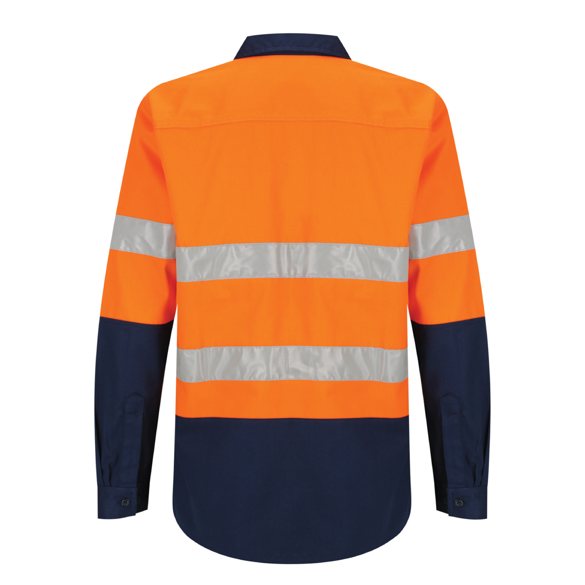 Ladies hi‑vis 190 gsm cotton drill shirt in orange/navy featuring reflective tape, extended sun‑protection collar, tapered fit and nine‑button front for day & night use