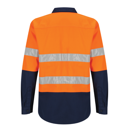 Ladies hi‑vis 190 gsm cotton drill shirt in orange/navy featuring reflective tape, extended sun‑protection collar, tapered fit and nine‑button front for day & night use