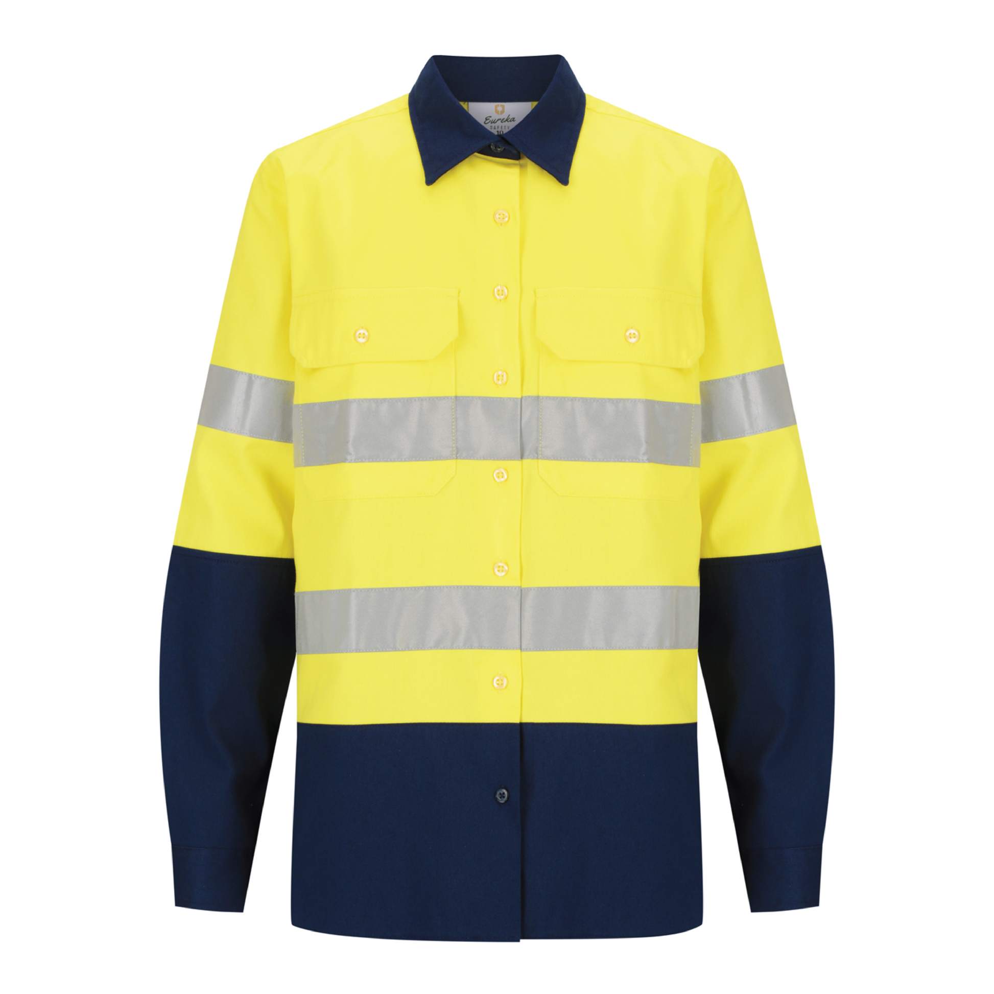 Ladies hi‑vis 190 gsm cotton drill shirt in yellow/navy with 50 mm reflective tape, extended sun‑protection collar, tapered fit and nine buttons for day & night use