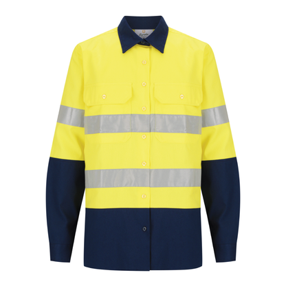 Ladies hi‑vis 190 gsm cotton drill shirt in yellow/navy with 50 mm reflective tape, extended sun‑protection collar, tapered fit and nine buttons for day & night use