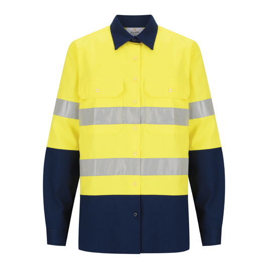 Ladies hi‑vis 190 gsm cotton drill shirt in yellow/navy with 50 mm reflective tape, extended sun‑protection collar, tapered fit and nine buttons for day & night use