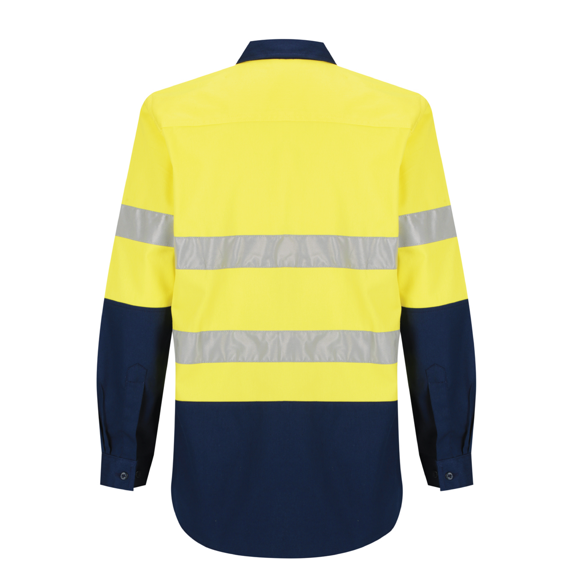 Ladies hi‑vis 190 gsm cotton drill shirt in yellow/navy with 50 mm reflective tape, extended sun‑protection collar, tapered fit and nine buttons for day & night use