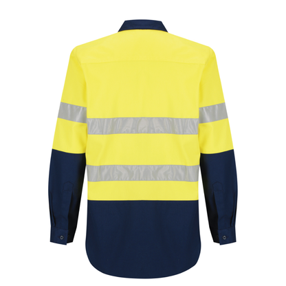 Ladies hi‑vis 190 gsm cotton drill shirt in yellow/navy with 50 mm reflective tape, extended sun‑protection collar, tapered fit and nine buttons for day & night use