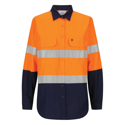 Ladies hi‑vis lightweight ripstop cotton shirt in orange/navy with reflective tape; underarm/back ventilation; extended sun‑protection collar; nine‑button design